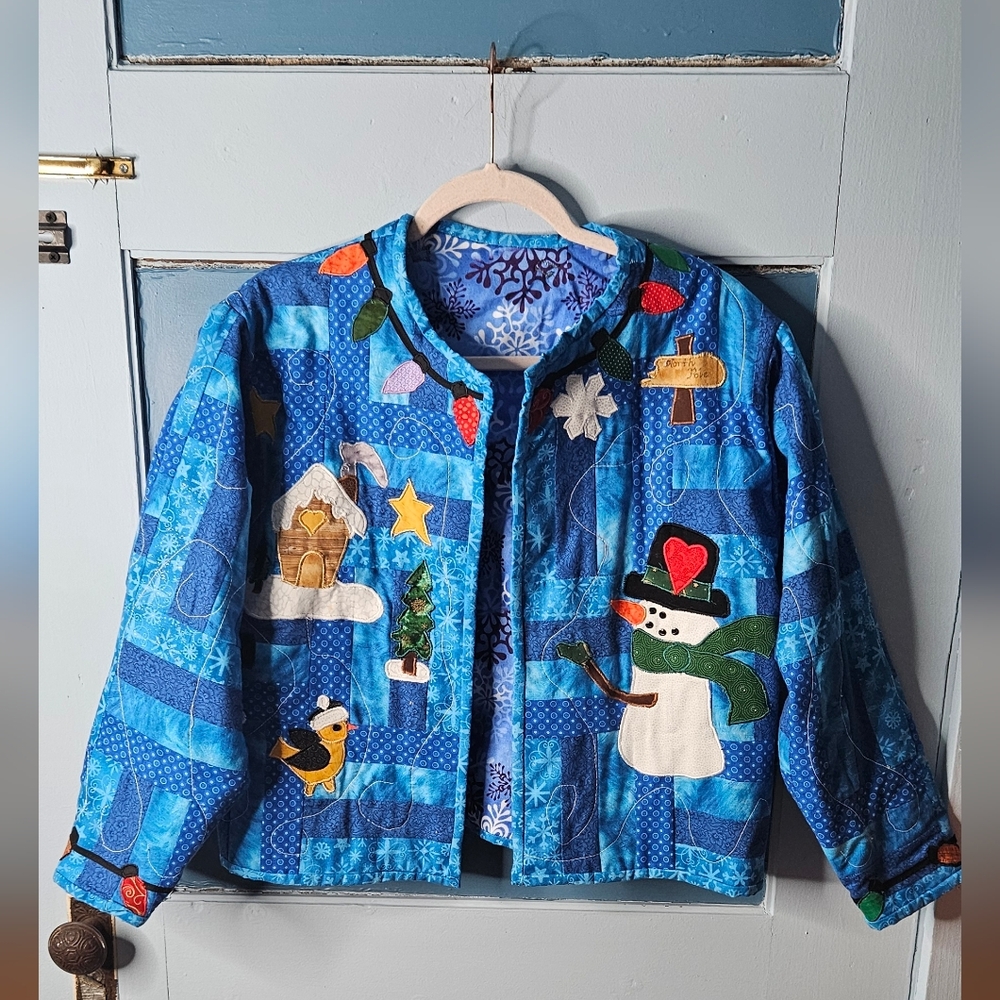 Hand Crafted Blue Women’s Patchwork Quilted Jacket with Snowman Design M/L - Picture 3 of 11